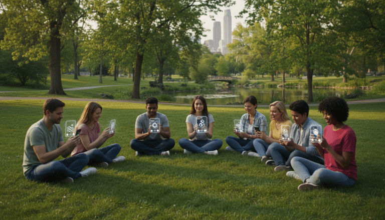 People using stress relief apps in city park