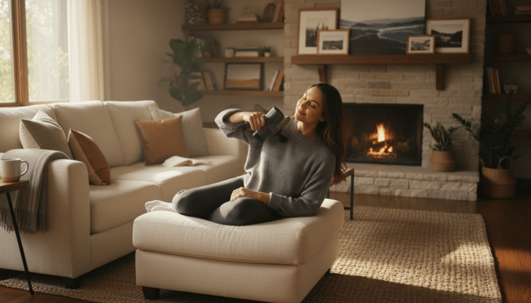 Person relaxing with massage gun on shoulders