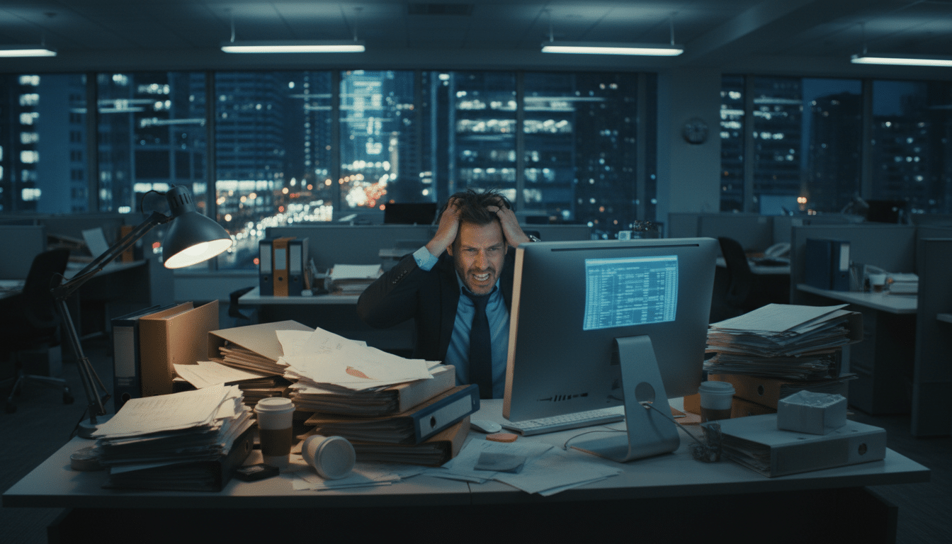 Stressed office worker overwhelmed by paperwork and computer