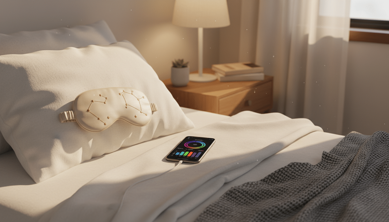 Stylish sleep mask resting on soft cozy pillow