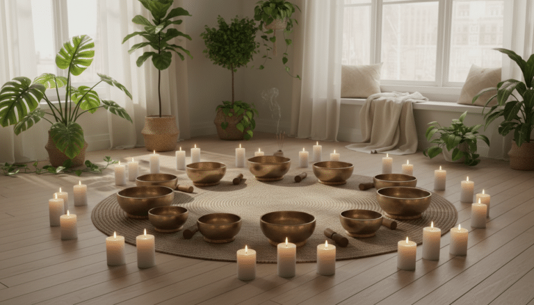 Tibetan singing bowls arranged in peaceful circle