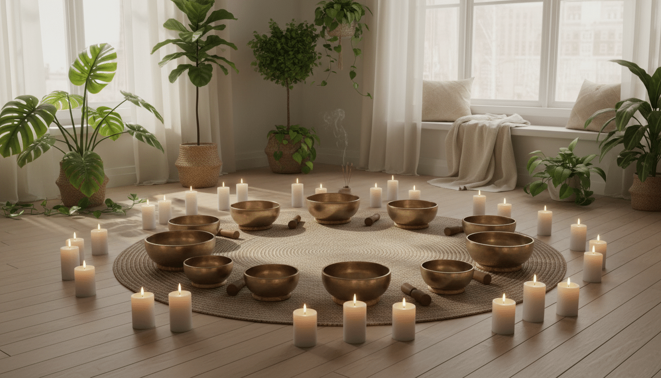 Tibetan singing bowls arranged in peaceful circle